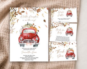 May include: A baby shower invitation set featuring a red vintage truck carrying pumpkins, decorated with watercolor autumn leaves. The text includes A little Pumpkin is on the way, Diaper Raffle, Books for Baby, and Thank You, with event details.