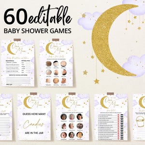 Editable Purple We are Over the Moon Baby Shower Game Bundle, Twinkle Little Star Baby Shower Game Pack, Gold Moon Star Girl Games, BBS1049