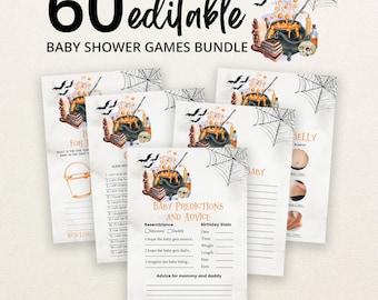 May include: A bundle of 60 editable baby shower game cards featuring a Halloween theme with illustrations of a black cauldron, bubbling orange liquid, a skull, books, bats, and spiderwebs. The text reads 60 editable BABY SHOWER GAMES BUNDLE.