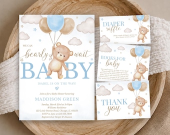 Peut inclure: Un ensemble de faire-part de baby shower avec un ours en peluche aquarelle tenant des ballons bleus et beiges, des nuages et des étoiles. Le texte indique : We can bearly wait baby, Isabel is on the way, Maddison Green, March 23rd, Diaper Raffle, Books for Baby, et Thank you.