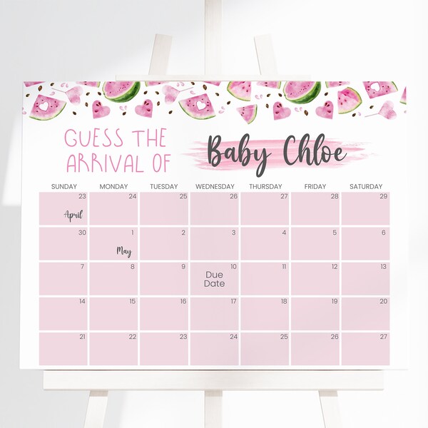 Editable Pink Watermelon Baby Shower Guess Baby's Arrival, Watermelon Baby Shower Due Date Calendar, Sweet Little Baby Shower, BBS702