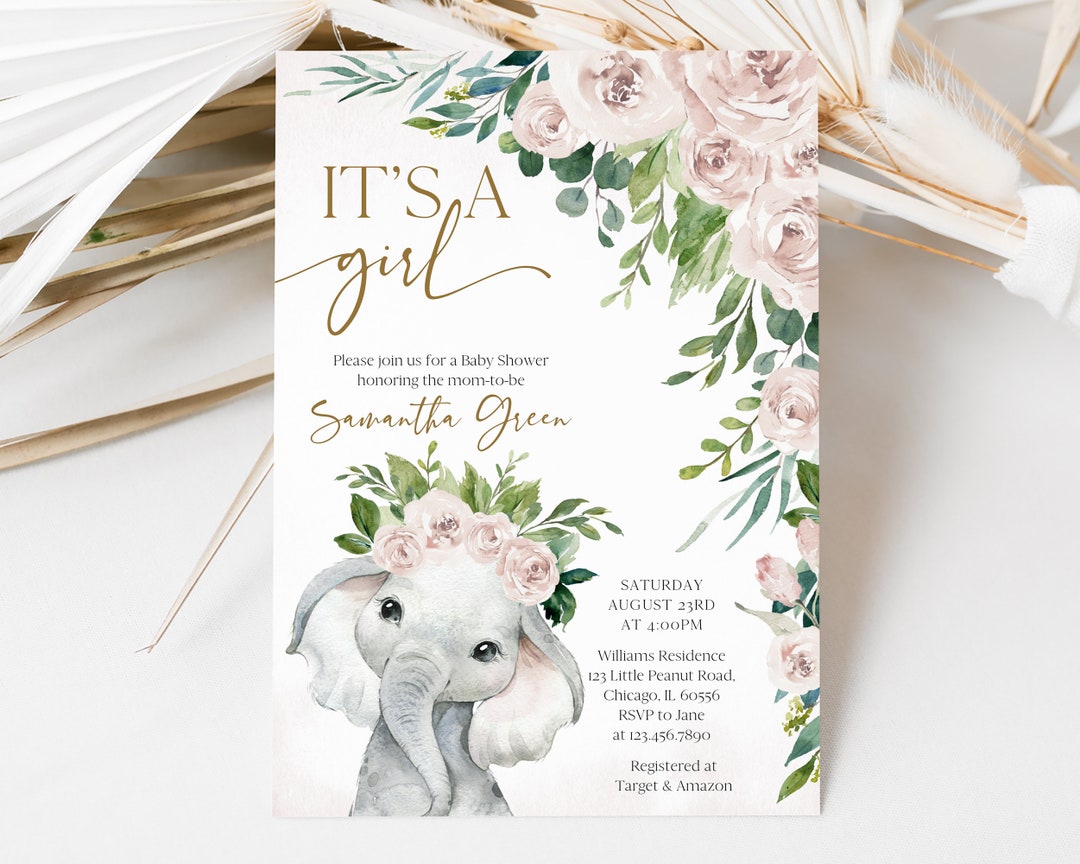 Editable Girl Elephant Baby Shower Invitation, Pink Elephant Baby ...
