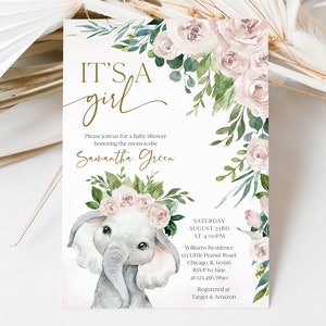 Editable Girl Elephant Baby Shower Invitation, Pink Elephant Baby Shower Invite, Pink Floral Elephant Boy Baby Shower, BBS504