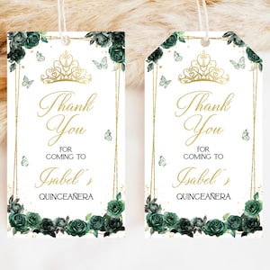 Bearbeitbares Smaragdgrün-Gold Quinceaño Favor Tag, Schmetterling Blumengeburtstag Dankeschön-Tag, Floral Mis Quince Anos, Prinzessin Quitte BRT350