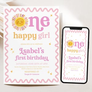 Editable One Happy Girl Birthday Invitation, Little Sunshine Birthday Invite, Pink Sun Coquette Wavy Border Birthday Girl Invite, BRT246