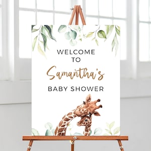 Bearbeitbares Giraffen-Babyparty-Willkommensschild, Greenery Giraffe-Babyparty-Willkommensplakat, Jungen-Safari-Dschungel-Babypartydekor, tropisch, BBS334