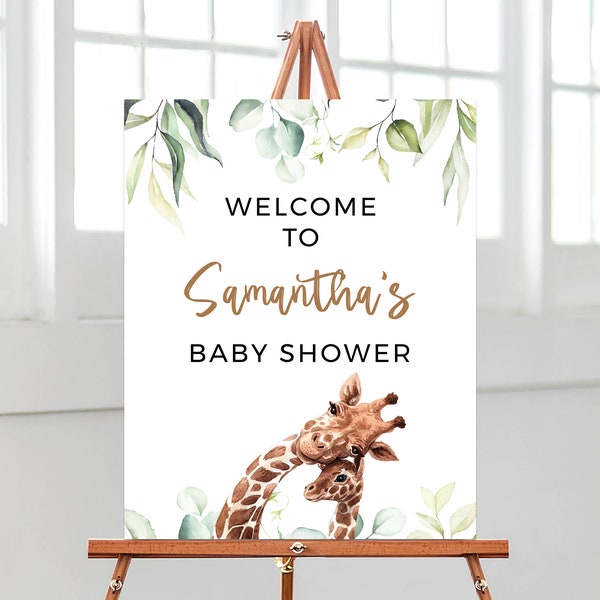 Panneau de bienvenue modifiable de douche de bébé de girafe, affiche de bienvenue de douche de bébé de girafe de verdure, décor de douche de bébé de jungle de safari de garçon, tropical, BBS334