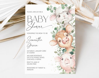 Editable Boy Farm Baby Shower Invitation, Greenery Farm Baby Shower Invite, Boy Farm Animals Baby Shower Invite, Gender Neutral BBS639