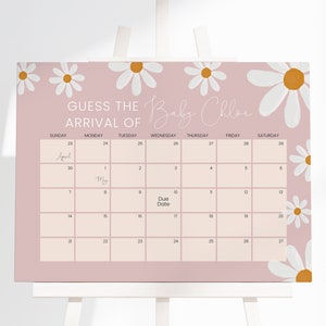 Calendario modificabile per baby shower con margherite, "Indovina l'arrivo del bambino", calendario per la data di scadenza del baby shower con margherite "Baby in Bloom", baby shower con margherite in stile Boho, BBS620