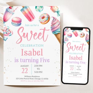 Invito di compleanno modificabile Candy Land, invito di compleanno con dolciumi, modello di invito con gelato e ciambelle, BRT292