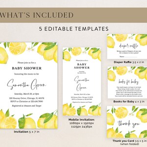 May include: A collection of five editable baby shower templates with a lemon and leaf design. The set includes invitations, mobile invitations, diaper raffle cards, books for baby cards, and thank you cards. The invitation is 12.7 x 17.8 cm.