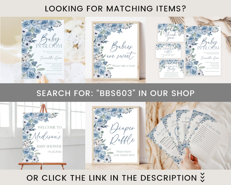 May include: A set of printable baby shower decorations featuring a blue and white floral design. The set includes a welcome sign, a diaper raffle sign, a baby in bloom sign, and a set of cards. The text on the signs reads "Welcome to Madison's Baby Shower", "Diaper Raffle", "Baby in Bloom", and "Babies are sweet".