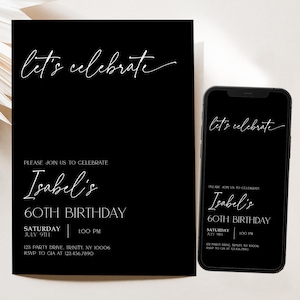 Faire-part d'anniversaire minimaliste noir modifiable, simple invitation d'anniversaire noir, invitation d'anniversaire adulte noir uni, BRT325