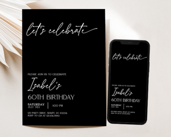 Editable Black Minimalist Birthday Invitation, Simple Black Birthday Invite, Solid Black Adult Birthday Invite, BRT325