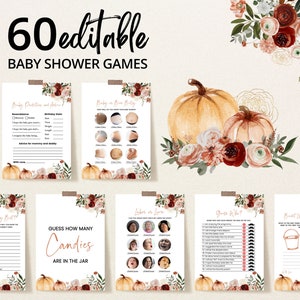 Editable Pumpkin Baby Shower Game Bundle, Marsala Fall Baby Shower Game Pack, Burgundy Floral Pumpkin Baby Shower Games, BBS416