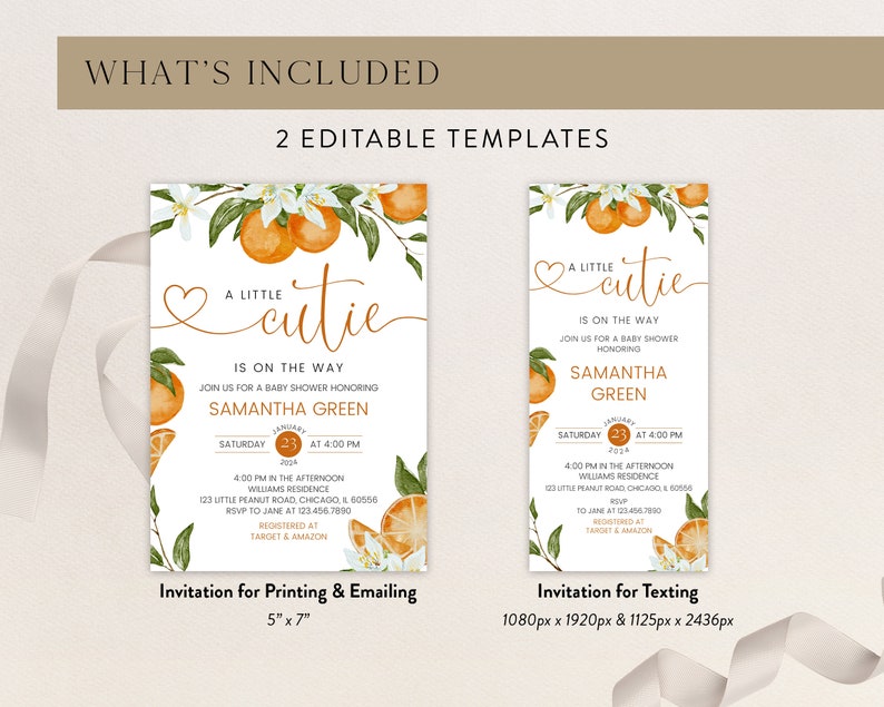 Editable Little Cutie Baby Shower Invitation Bundle, Orange Baby Shower Invite, Gender Neutral Orange Citrus Baby Shower Invite BBS675 image 6