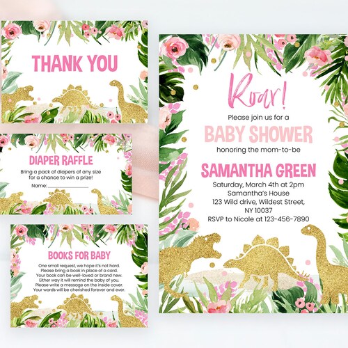 Girl Dinosaur Baby Shower Invitation Editable Dinosaur Shower Etsy