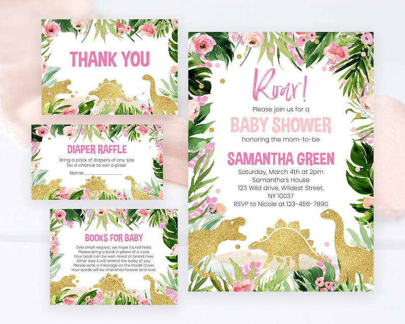 Editable Girl Dinosaur Baby Shower Invitation Bundle Pink Gold Dinosaur Baby Shower Invite Girl Floral Dinosaur Baby Shower
