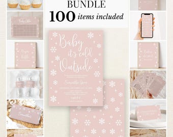 May include: A baby shower bundle featuring 100 items with a dusty pink theme and white snowflake patterns. The collection includes invitations, signage, cupcake toppers, water bottle labels, game cards, and thank you tags with white text.