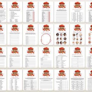 May include: A collection of printable baby shower games. Each game card features a decorative illustration of a basket overflowing with red apples. The cards have various game titles and prompts, printed in black text on a white background.