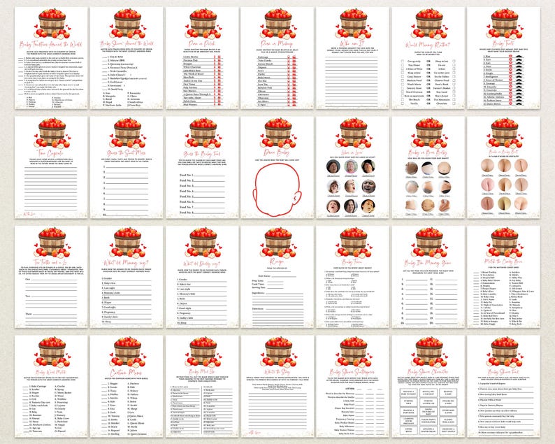 May include: A collection of printable baby shower games. Each game card features a decorative illustration of a basket overflowing with red apples. The cards have various game titles and prompts, printed in black text on a white background.