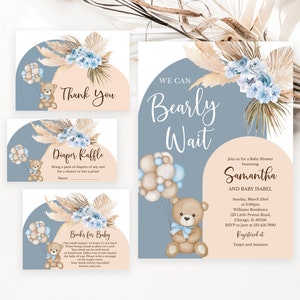 Pacchetto di inviti per baby shower modificabili We Can Bearly Wait, invito per baby shower con orsetto palloncino, invito per baby shower con orsetto boho, orsetto maschio, BBS377