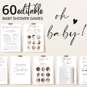 Bearbeitbares minimalistisches Oh Baby-Babyparty-Spielpaket, einfaches Oh-Baby-Babypartyspielpaket, geschlechtsneutrale moderne Babypartyspiele, BBS335