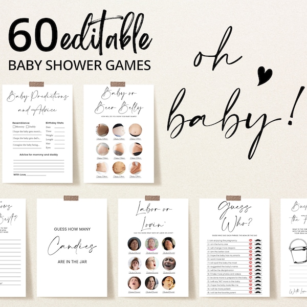 Ensemble de jeu de douche de bébé Oh Baby minimaliste modifiable, pack de jeu de douche de bébé Oh Baby Simple, jeux de douche de bébé modernes neutres en genre, BBS335