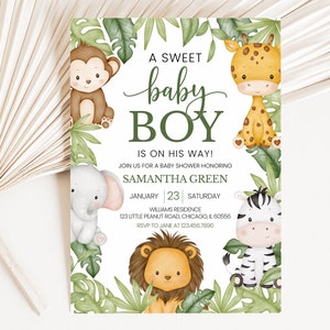 Modificabile È un invito per la doccia per bambini Safari per ragazzi, Invito per la doccia per bambini nella giungla Safari, Baby shower per animali da safari nel verde, Wild One BBS731