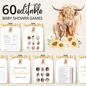 Editable Sunflower Holy Cow Baby Shower Game Bundle, Girl Highland Cow Baby Shower Game Pack, Floral Highland Cow Games, BBS734