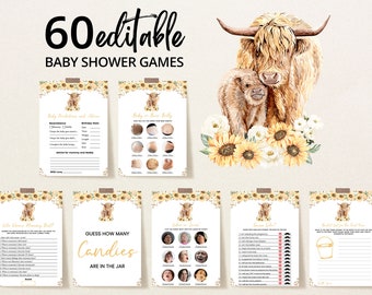 Editable Sunflower Holy Cow Baby Shower Game Bundle, Girl Highland Cow Baby Shower Game Pack, Floral Highland Cow Games, BBS734