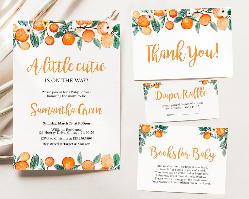 Editable Little Cutie Baby Shower Invitation Set Orange Baby Shower Invite Gender Neutral Orange Citrus Baby Shower Invite