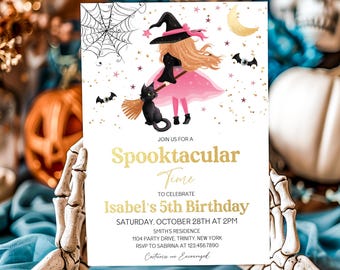 May include: A pink and black Halloween party invitation with a cartoon witch holding a broom and a black cat. The invitation says "Join us for a Spooktacular Time to celebrate Isabel's 5th Birthday, Saturday, October 28th at 2pm, Smith's Residence, 1104 Party Drive, Trinity, New York, RSVP to Sabrina at 123.456.7890, Costumes are encouraged."