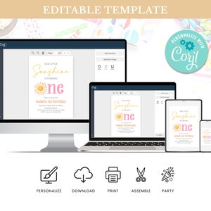 May include: Editable template for a first birthday invitation. The invitation features a yellow sun with a pink one and the text "Our Little Sunshine is Turning One" and "Isabel's 1st Birthday".