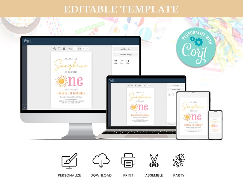 May include: Editable template for a first birthday invitation. The invitation features a yellow sun with a pink one and the text "Our Little Sunshine is Turning One" and "Isabel's 1st Birthday".