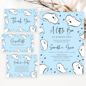 Editable Blue A Little Boo Baby Shower Invitation Bundle, Boy Halloween Baby Shower Invite, Ghost Halloween Baby Shower Invite, BBS497