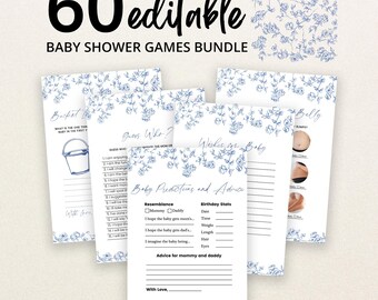Pacchetto di giochi per baby shower per bambino con motivo floreale blu polvere e chinoiserie, in stile French Toile, BBS862