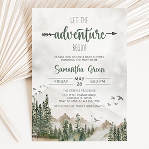 Editable Let the Adventure Begin Gender Neutral Baby Shower Invitation, Forest Baby Shower Invite, Pine Tree Baby Shower Invite, BBS468