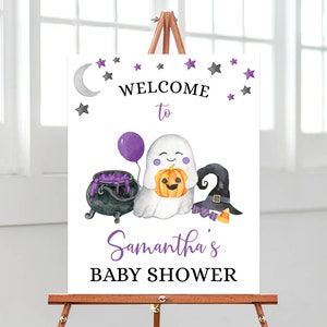 Editable Purple A Little Boo Baby Shower Welcome Sign, Girl Halloween Baby Shower Welcome Poster, Ghost Halloween Baby Shower Decor, BBS471