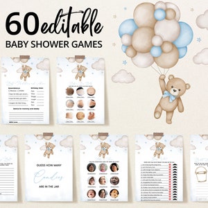 Editable Brown Bear Balloon Baby Shower Game Bundle, We Can Bearly Wait Baby Shower Game Pack, Blue Boy Boho Bear Baby Shower Games, BBS388