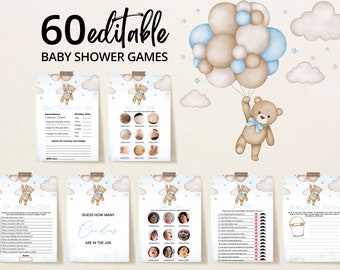 Editable Brown Bear Balloon Baby Shower Game Bundle, We Can Bearly Wait Baby Shower Game Pack, Blue Boy Boho Bear Baby Shower Games, BBS388