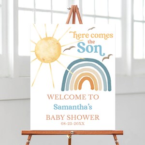 Bearbeitbares Sunshine Babyparty Willkommensschild, hier kommt der Sohn Babyparty Poster, Junge Sonshine Dusche, Boho Sunshine Shower Decor, BBS399