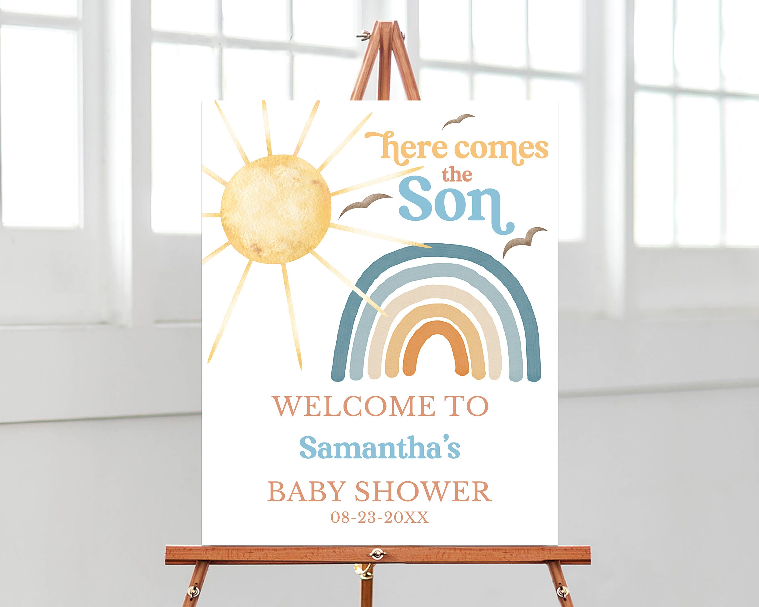 Editable Sunshine Baby Shower Welcome Sign, Here Comes the Son Baby Shower Poster, Boy Sonshine Shower, Boho Sunshine Shower Decor, BBS399