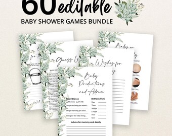 May include: A bundle of 60 editable baby shower game cards featuring a white background with green succulent and foliage illustrations. The cards include text such as Baby Predictions and Advice, Guess Who, and Wishes for Baby in black script.