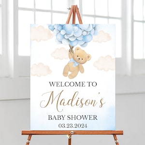 Bearbeitbares Blauer Bär Ballon Babyparty Willkommensschild, We Can Bearly Wait Babyparty Poster, Blauer Ballon Bär Junge Duschdekor, BBS753