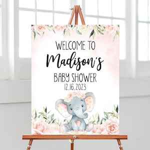 Signo de bienvenida editable de la ducha del bebé del elefante rosa, cartel de la ducha del bebé del elefante floral rosa, decoración del elefante del bebé de la niña, BBS591