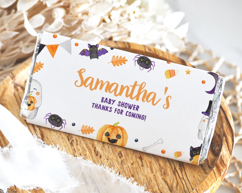 Editable Halloween Baby Shower Chocolate Wrapper, Gender Neutral Halloween Baby Shower Candy Wrapper, Spooky Baby Shower Candy Label, BBS428 image 1
