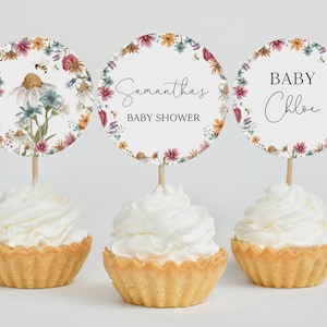 Editable A Little Wildflower Baby Shower Cupcake Topper, Baby in Bloom Baby Shower Cake Topper, Spring Flowers Baby Shower Decor, BBS609