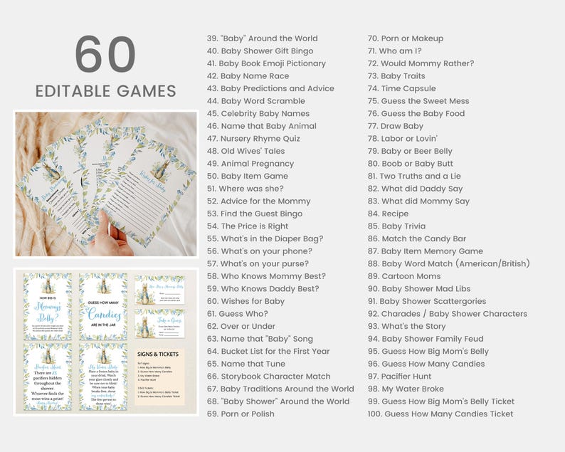 Bewerkbare Peter Rabbit-babyshowerbundel, blauwe Peter Rabbit-babyshoweruitnodigingspakket, Peter Rabbit-douchegames jongen, Peter Rabbit BBS298 afbeelding 7