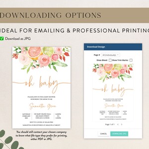 May include: A baby shower invitation with watercolor floral and citrus fruit illustrations. The invitation features the words "oh baby" in elegant script, along with event details and RSVP information. The design is available for download as a JPG.